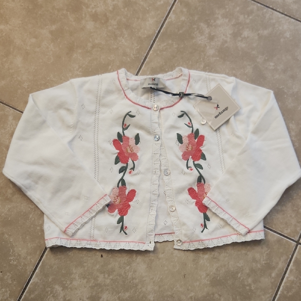 Melange White and Pink Floral Kids Sweater